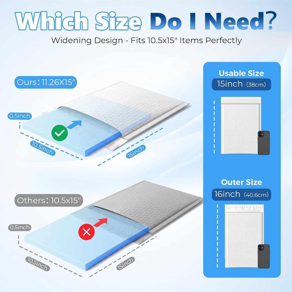Bubble Mailers True 10.5x15" Usable Size Padded Envelopes 25 Pack | 50% Thicker 1/7" Bubble 10.5x16" Self Seal