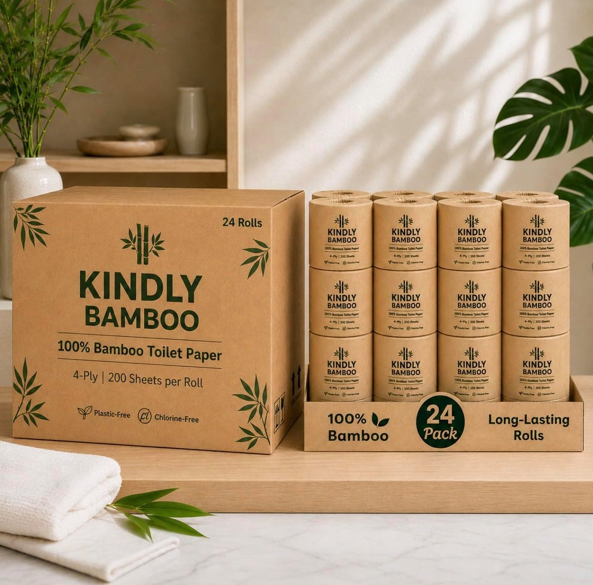 PREMIUM 4-PLY 100% White Bamboo Toilet Paper - 24 Rolls, Large 200 Sheets Per Roll, Eco-friendly, biodegradable