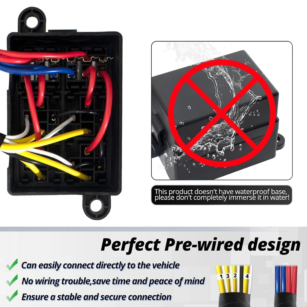 12V Pre-Wired Fuse and Relay Box Kit with 4 x 40A Relays & 6 ATC/ATO Fuses, Universal 4-Pin Relay Block for Cars, Trucks