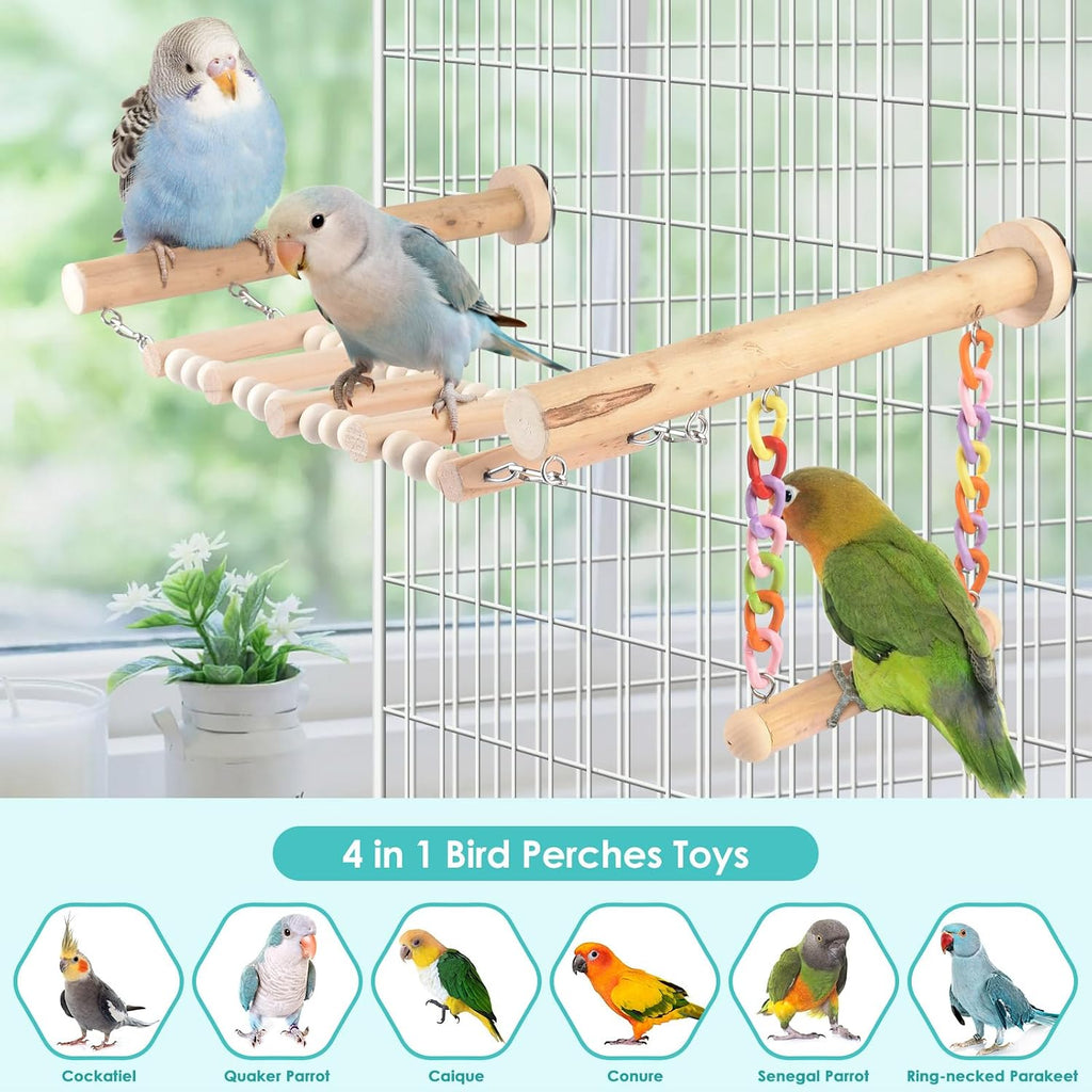 Bird Perches Ladder with Swing, Natural Wood Parrot Climbing Bridge Perch Toys, Exercise Play Stand Parakeet Cage