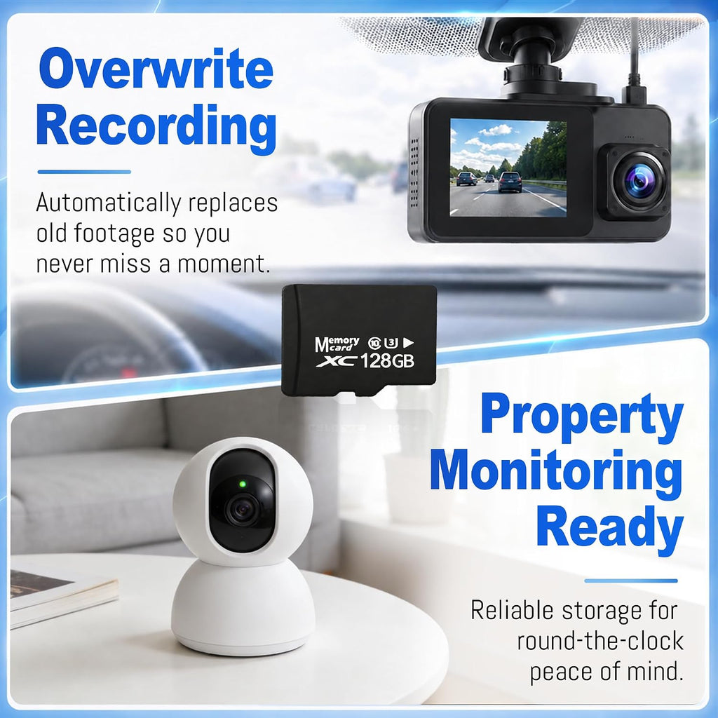128GB Micro SD Card for Dashcam & Security Camera U3 V30 A1 | High-Capacity Class 10. Ideal for Auto-Loop Devices.