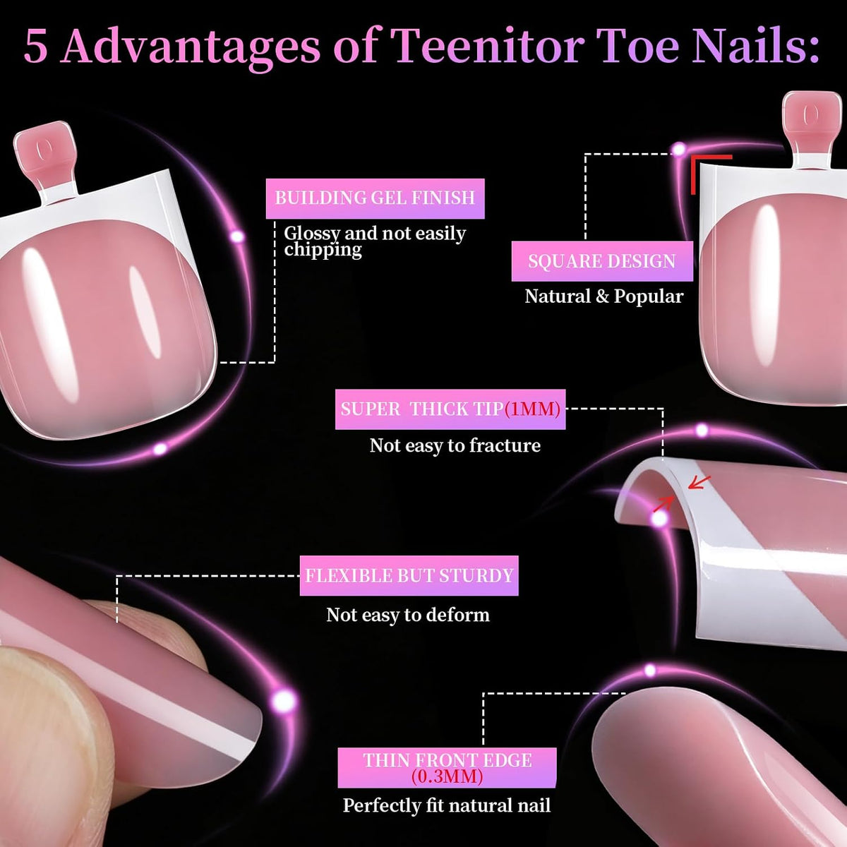 Square Toe Nail Press Ons, 150pcs French Tip Press on Toenails with Nail Glue, Thick Toe Press on Nails Fake Toe