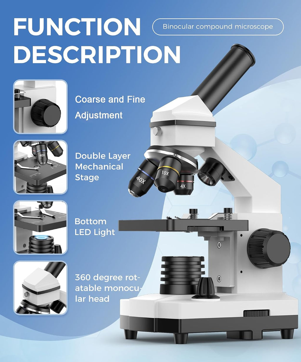 Compound Microscope for Adults & Students, White | 100X-2000X High-Power, Biological Microscope, School Lab & Home