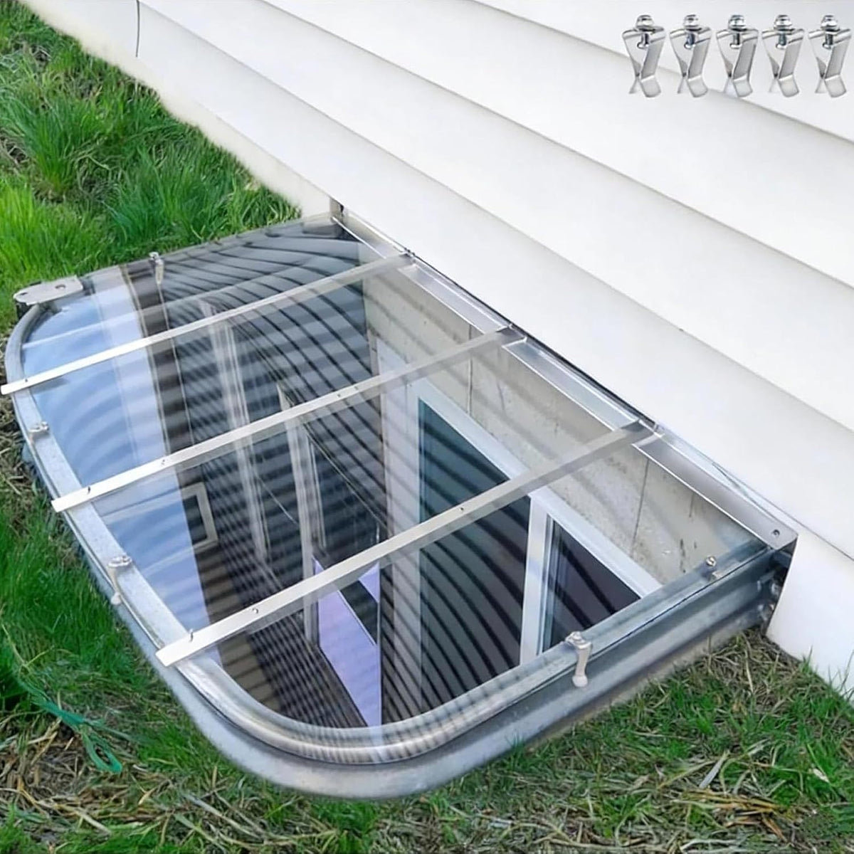 1 Set 59 x 38 Inch Extra Large Heavy Duty Polycarbonate Egress Window Well Cover, Sloped Design, Weatherproof