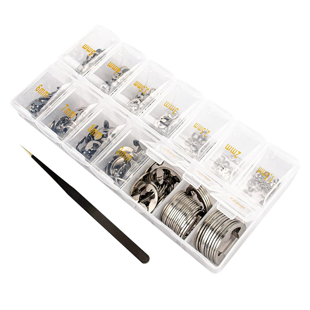 E Clips Assortment Kit, Snap Rings Assortment Kit with Retaining Rings, 425PCS 304 Stainless Steel E Clip Set (M1.5-M15)