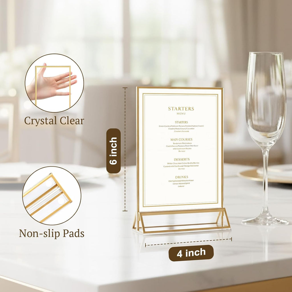 2 Pack Acrylic Sign Holder 4 x 6, Double Sided Gold Picture Frame Stand up Table Top Sign Holders, Clear Display