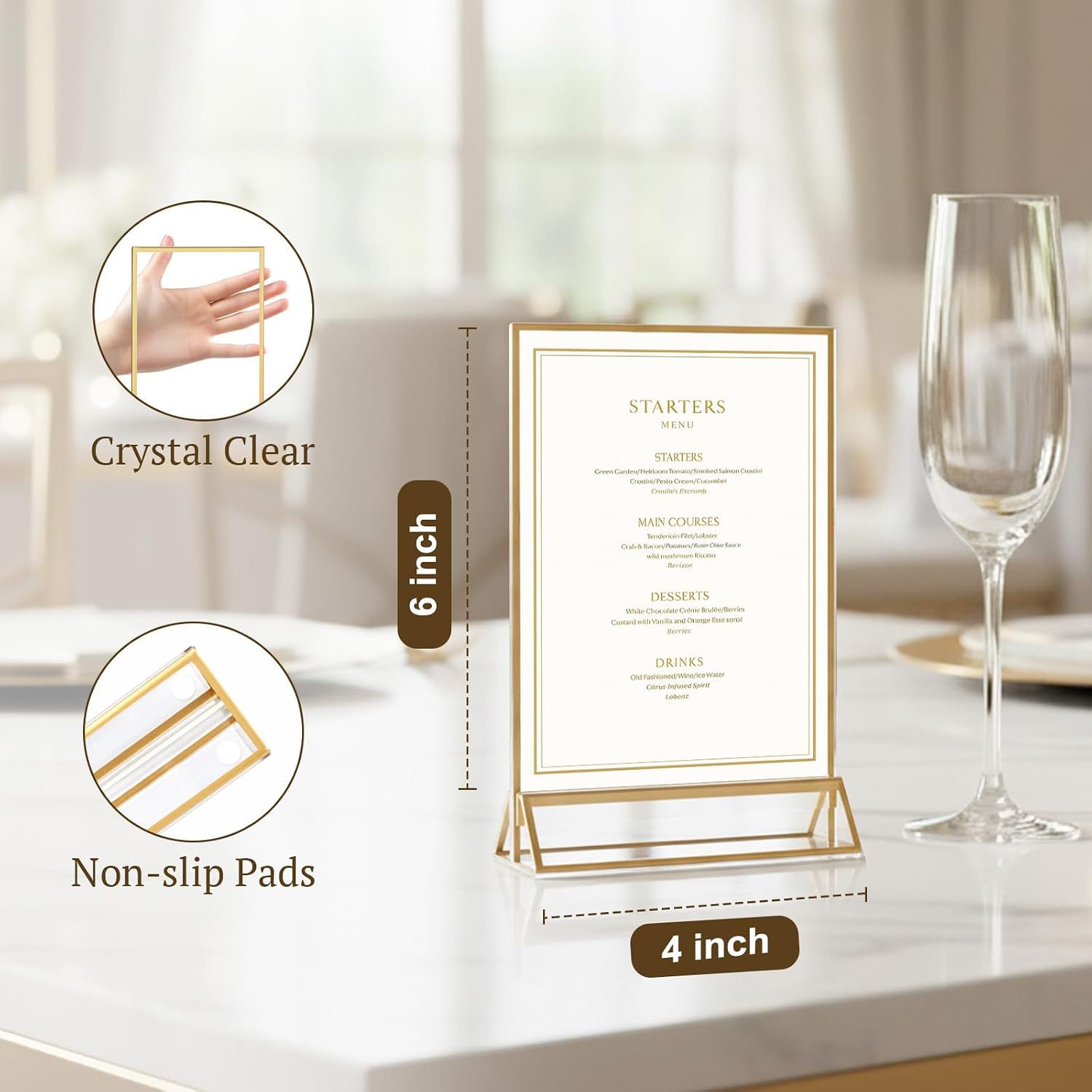 2 Pack Acrylic Sign Holder 4 x 6, Double Sided Gold Picture Frame Stand up Table Top Sign Holders, Clear Display