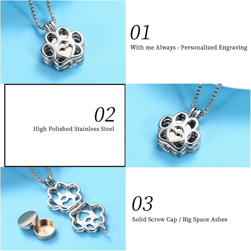 Pet Cremation Jewelry For Ashes For Dog/Cat Paw Stainless Steel Memorial Locket Urn Necklace Inside Mini Case