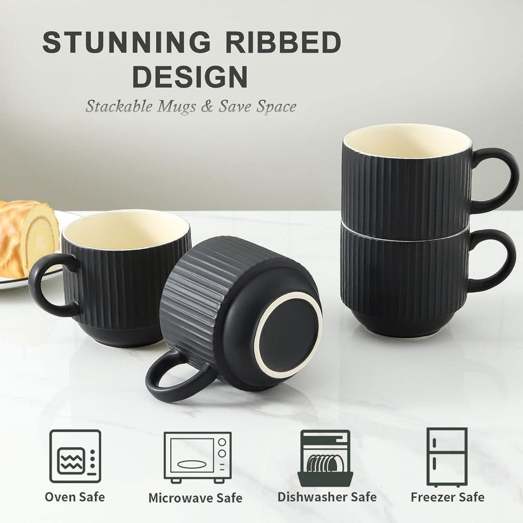 Coffee Mug Ceramic Set of 4 with Stand, Stackable Large Latte Cups with Metal Stand, Dishwasher & Microwave Safe