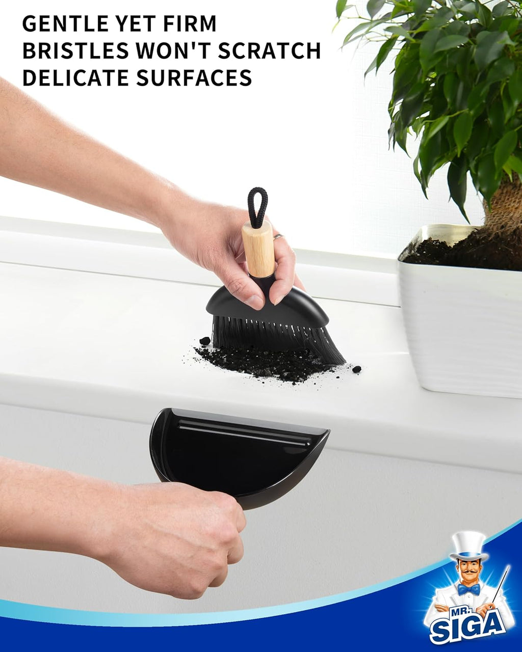 Mini Dustpan and Brush Set, Portable Cleaning Brush and Dustpan Combo with Bamboo Handle, Black, 1 Set