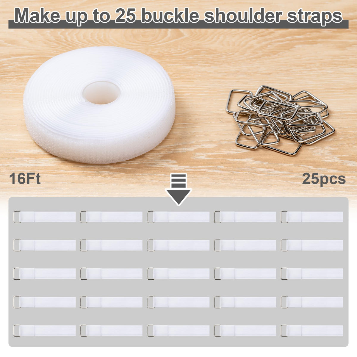 1" x16Ft Hook and Loop Straps with 25 Metal Buckles，White