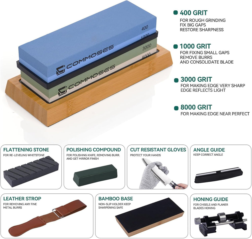 Whetstone Sharpening Stone Knife Sharpener Stone Set: 4 Side 8000|3000 1000|400 in Kitchen With Bamboo Base,Cut