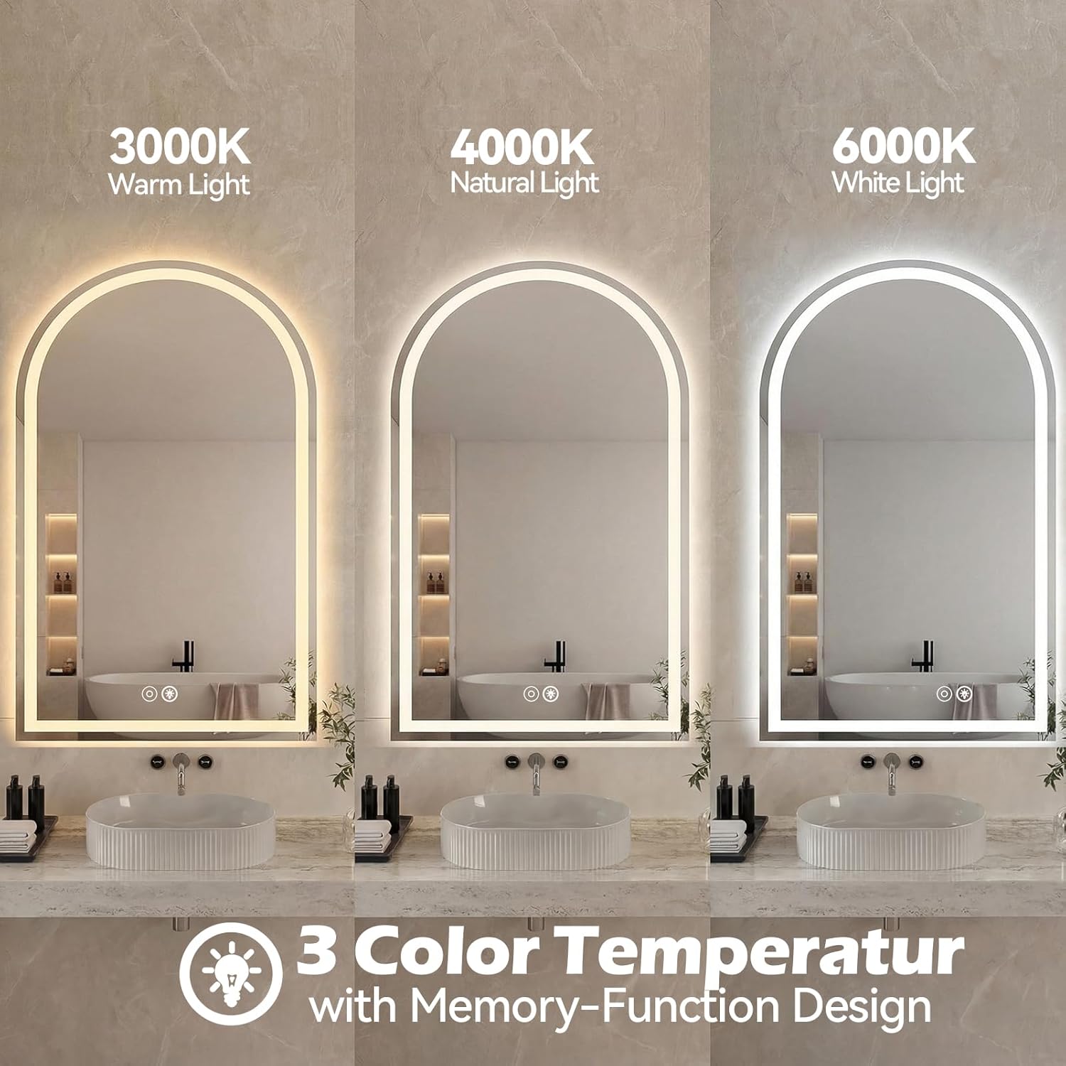 24"x36" LED Bathroom Mirror with Lights, Arched Vanity Mirror | Anti-Fog, Dimmable, 3-Color Light, Memory Function