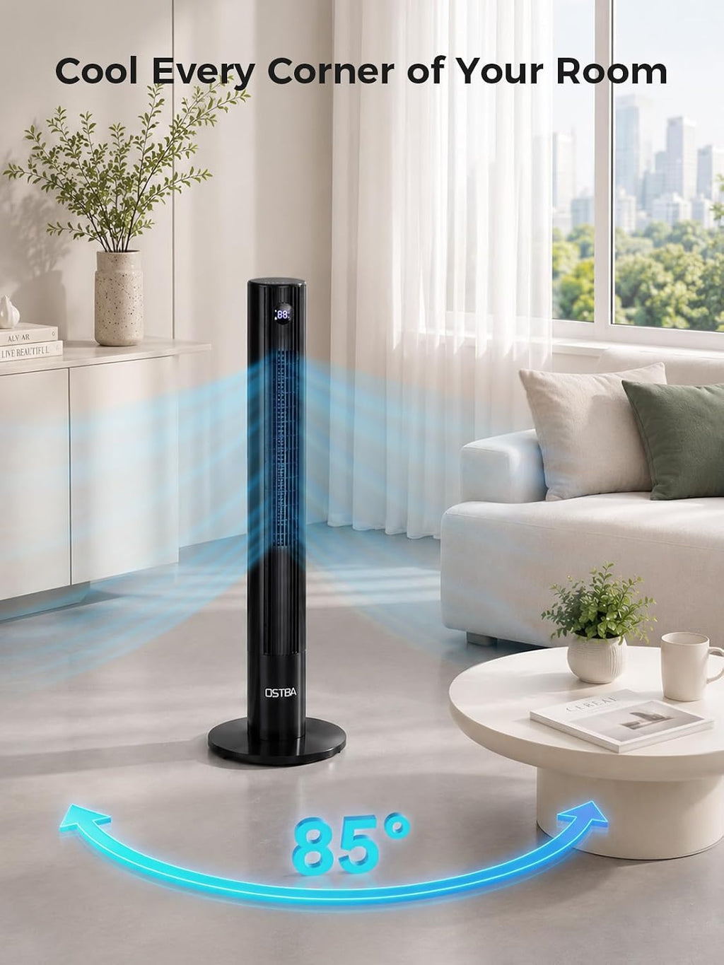 43'' Tower Fan for Bedroom, 85° Oscillating, 12H Timer, with Remote | 28dB Cooling with LED Display,3 Speeds, 2