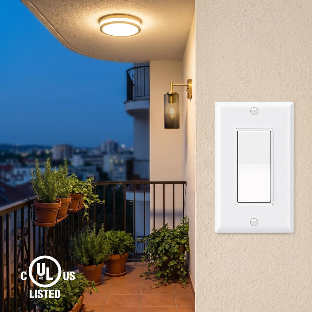 BAOMAIN Single Pole Decorator Paddle Light Switch,15A, Glossy White, 2 Pack