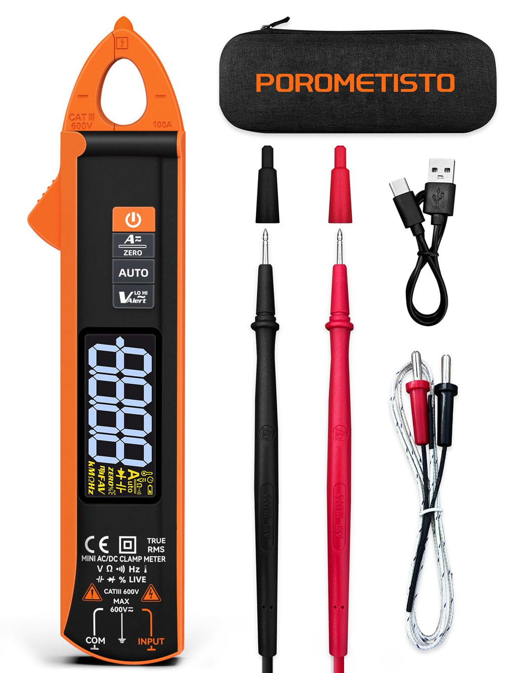 Digital Clamp Meter POROMETISTO, 1mA/mV High-Precision AC/DC Multimeter