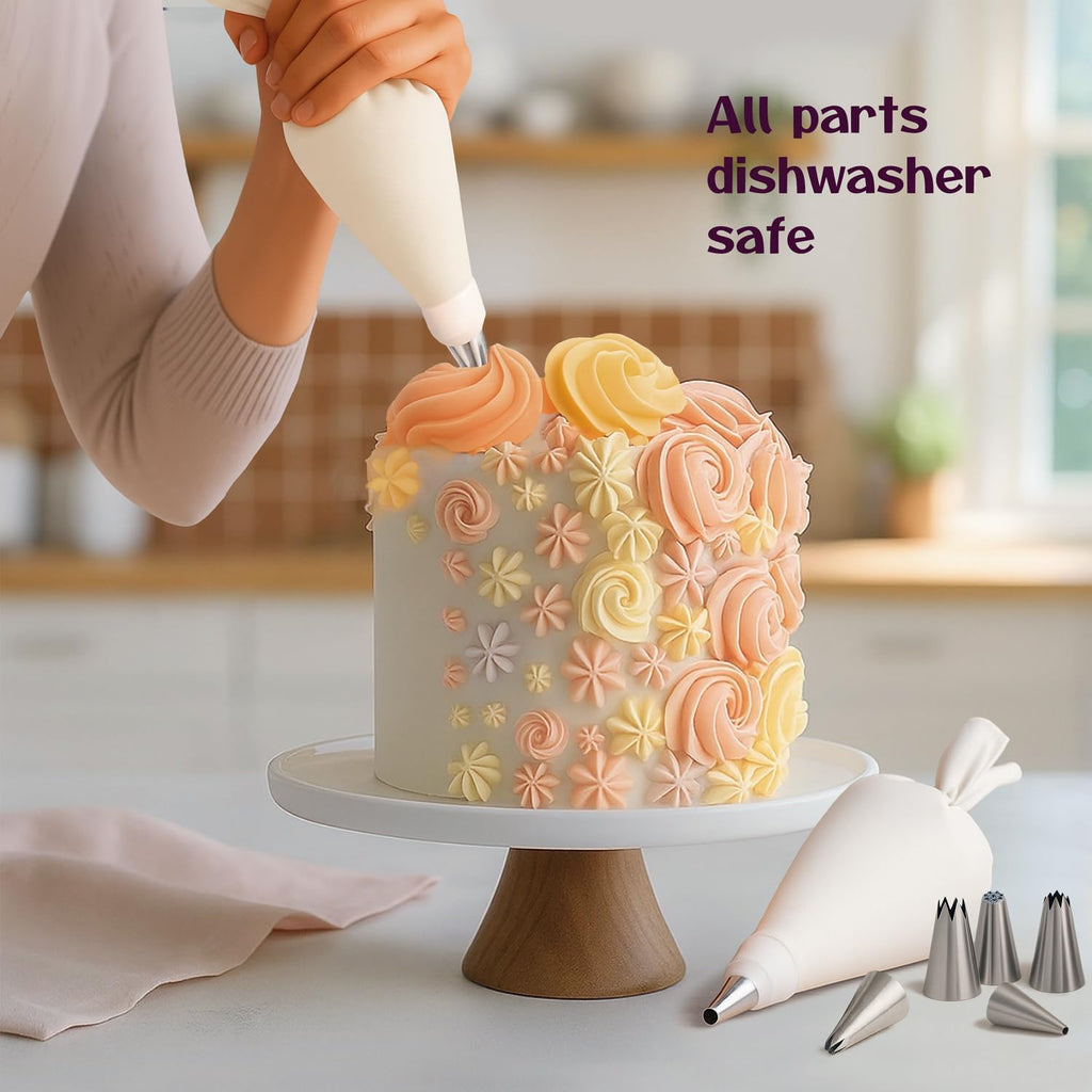 Cake Decorating Kit – Reusable 16" & 14" Cotton Piping Bags with 10 Large Stainless Steel Icing Tips – Durable