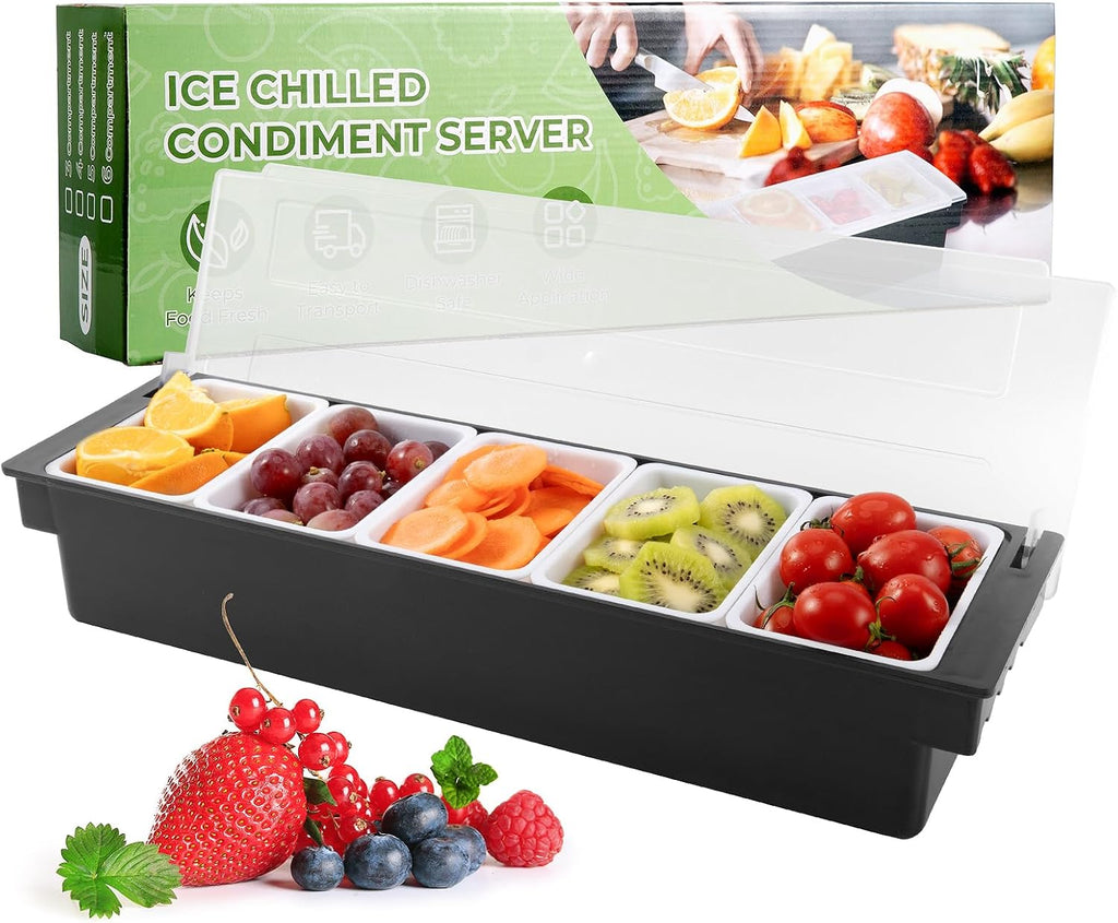 Ice Chilled Condiment Caddy with 5 Removable Trays and Lids