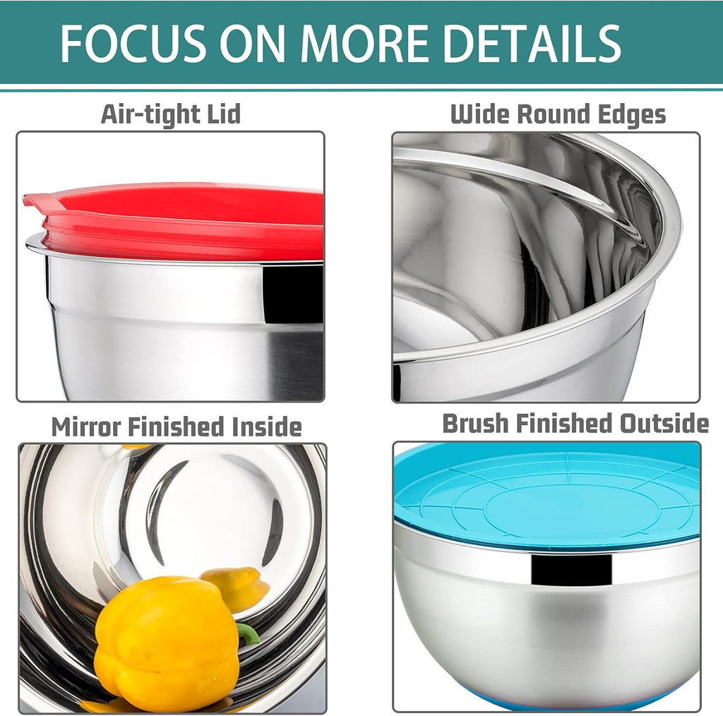 Mixing Bowls With Lids, Set of 6, Stainless Steel Nesting Mixing Bowls & Fitting Lids & Non-Slip Silicone Bottom