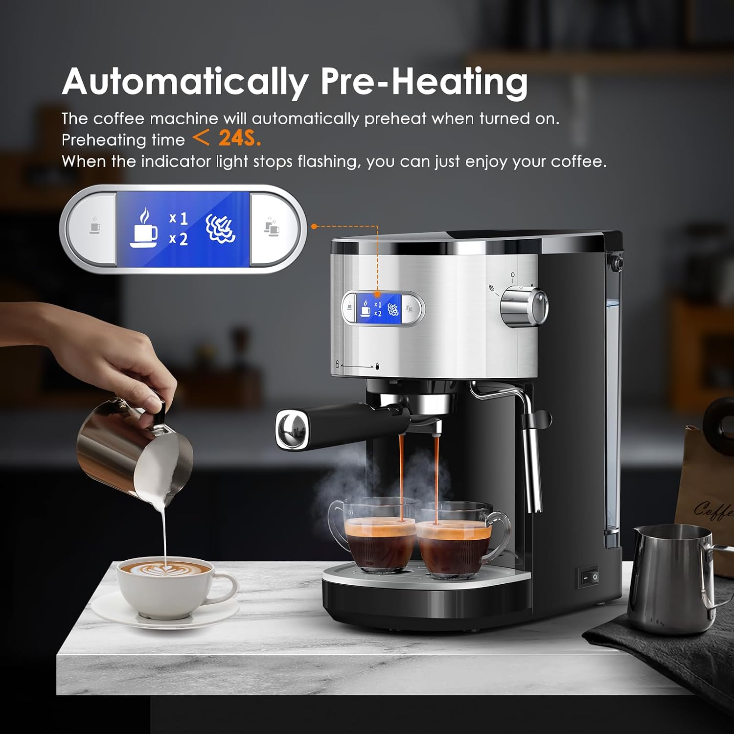Espresso Machine 20 Bar, Semi-Automatic Espresso Maker with Milk Frother Steam Wand, 45 OZ Removable Water Tank for