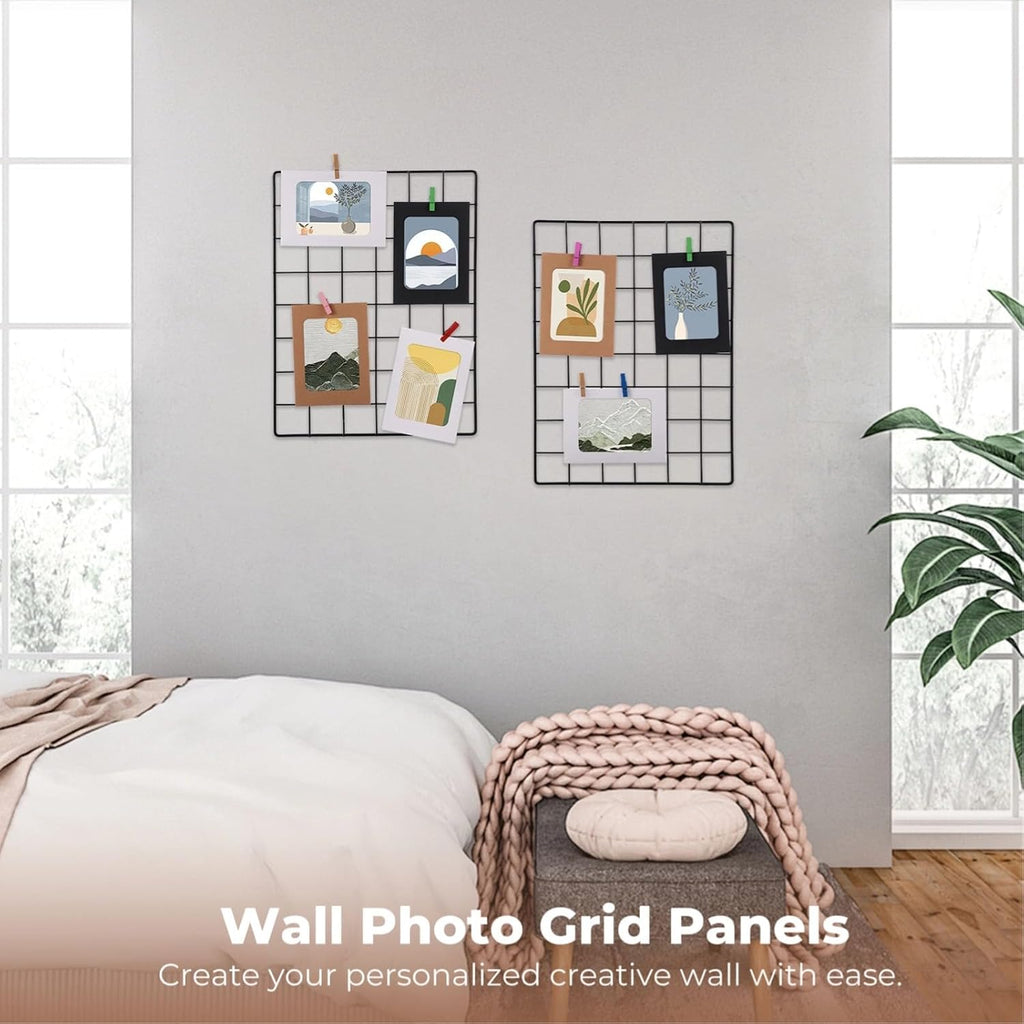 Wire Wall Grid Panel with Wall Grid Shelf with Photo Frames for Photo Display, Metal Mesh Message Board Memo Boards