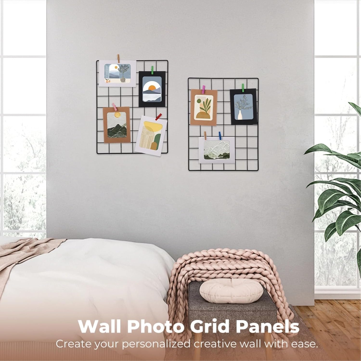Wire Wall Grid Panel with Wall Grid Shelf with Photo Frames for Photo Display, Metal Mesh Message Board Memo Boards