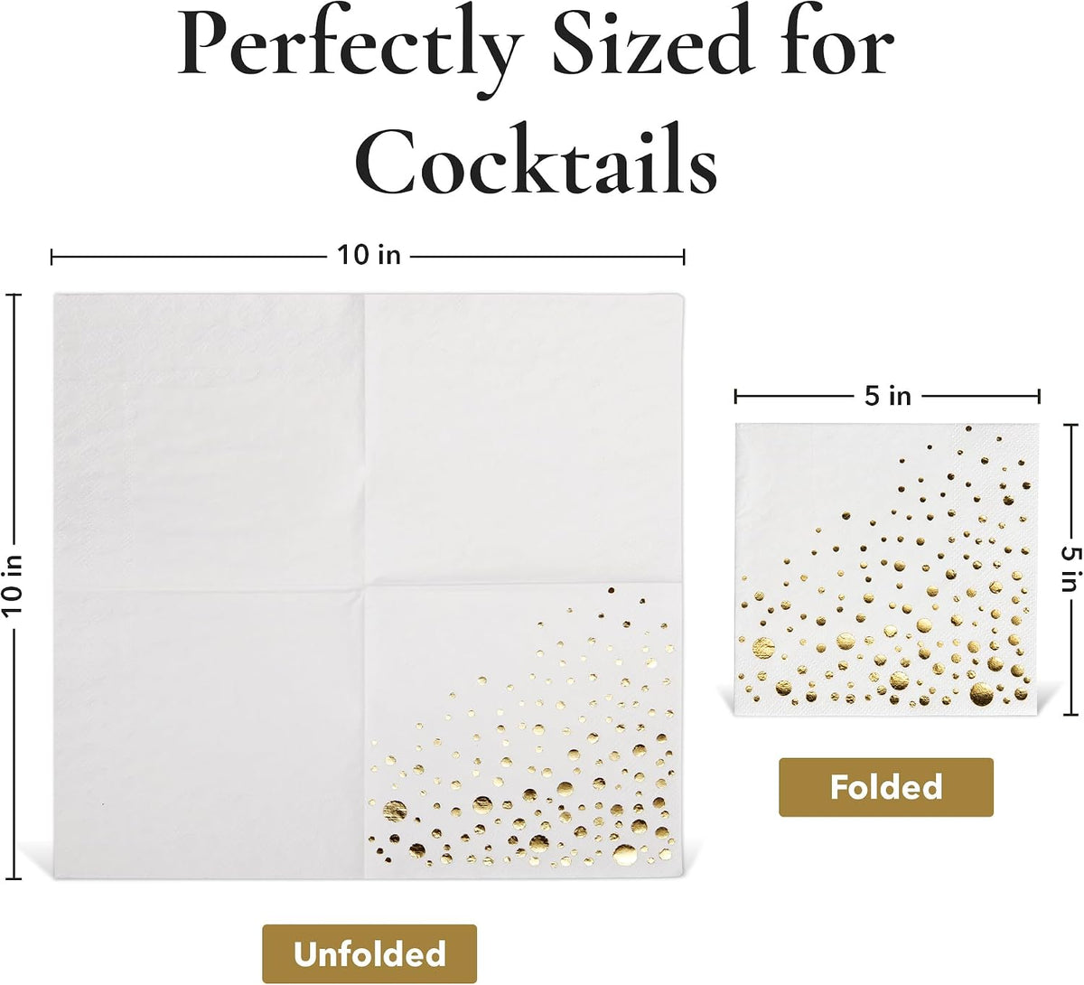 Gold Cocktail Napkins, 100 White and Gold Party Napkins, 5x5 Inch