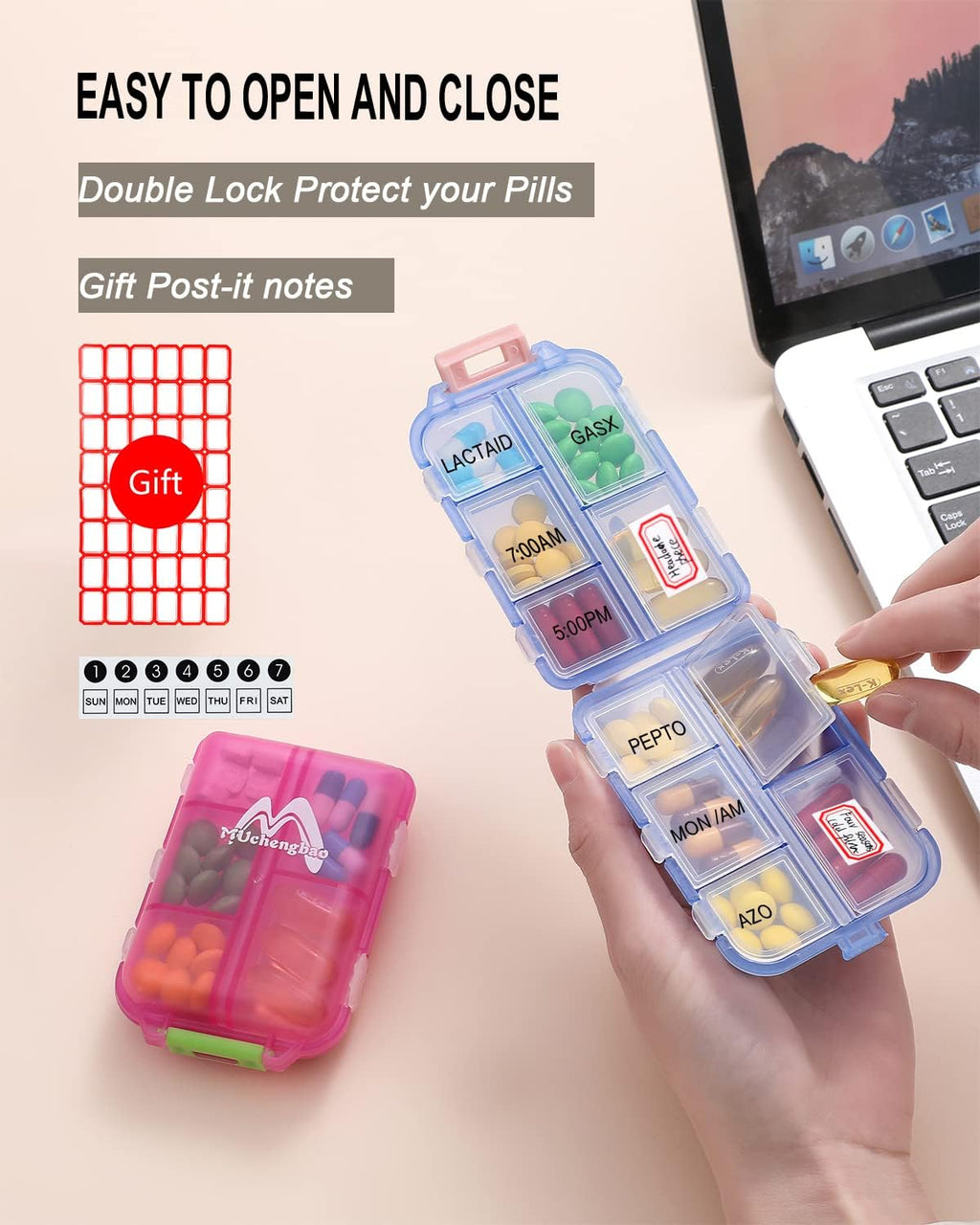 4PS Travel Pill Organizer with 164 Slice Labels，10 Compartments Travel Pill Box Portable Folding Small Pill Case