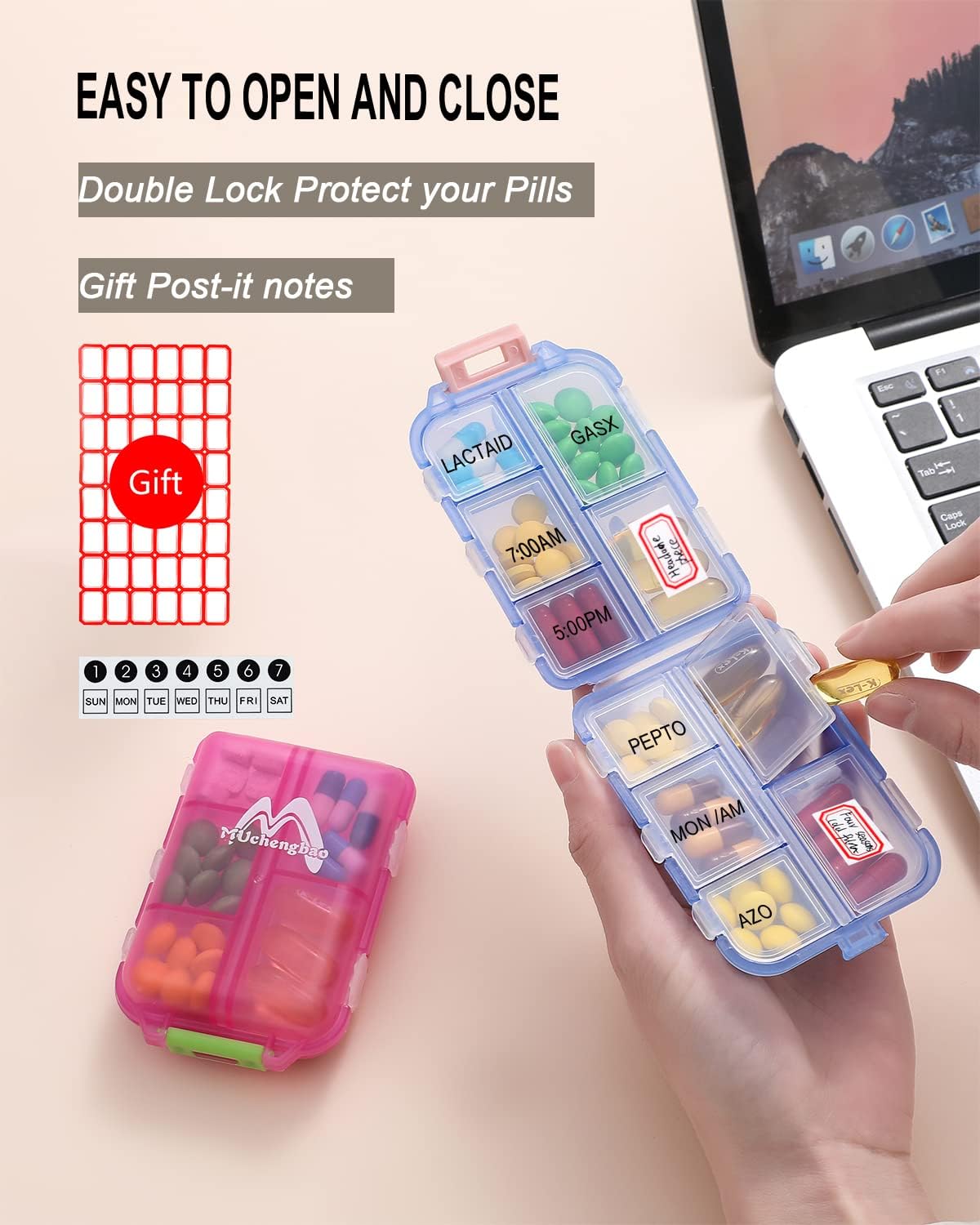 4PS Travel Pill Organizer with 164 Slice Labels，10 Compartments Travel Pill Box Portable Folding Small Pill Case