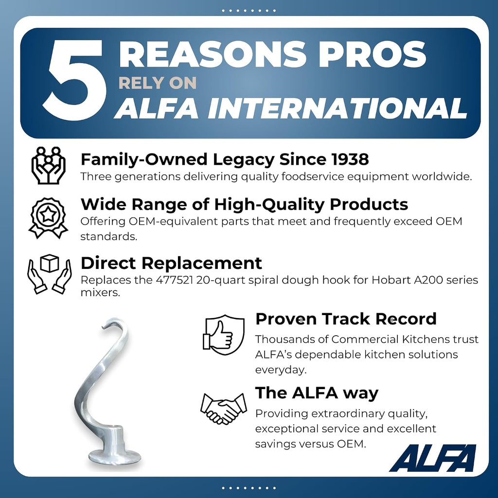 Alfa Spiral Dough Hook for Hobart 20-Quart Mixer
