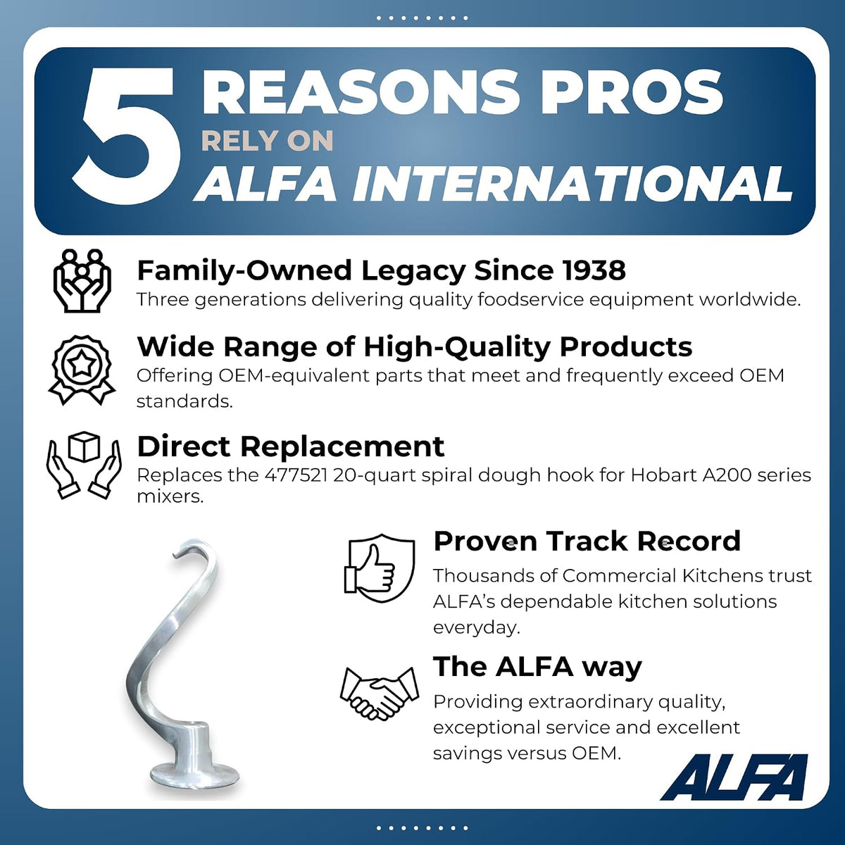 Alfa Spiral Dough Hook for Hobart 20-Quart Mixer