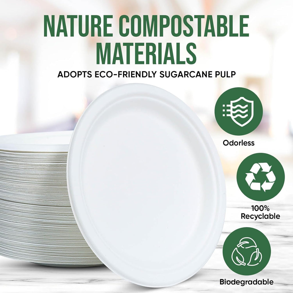 9 inch Paper Plate Heavy Duty Disposable,100% Compostable,100 Pack