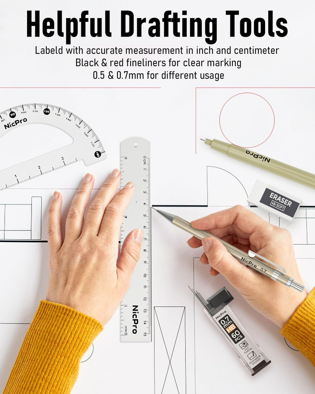 20PCS Professional Geometry Set Drafting Tool Protractor Compass | With Case, Metal Rulers, Triangles, Pens, Pencils