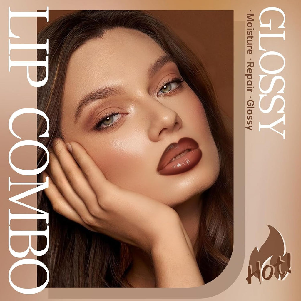 Natural Nude Lip Combo, Nourishing Lip Gloss&Brown Lip Liner Kit | Moisturizing High Shine Finish for Juicy Volume