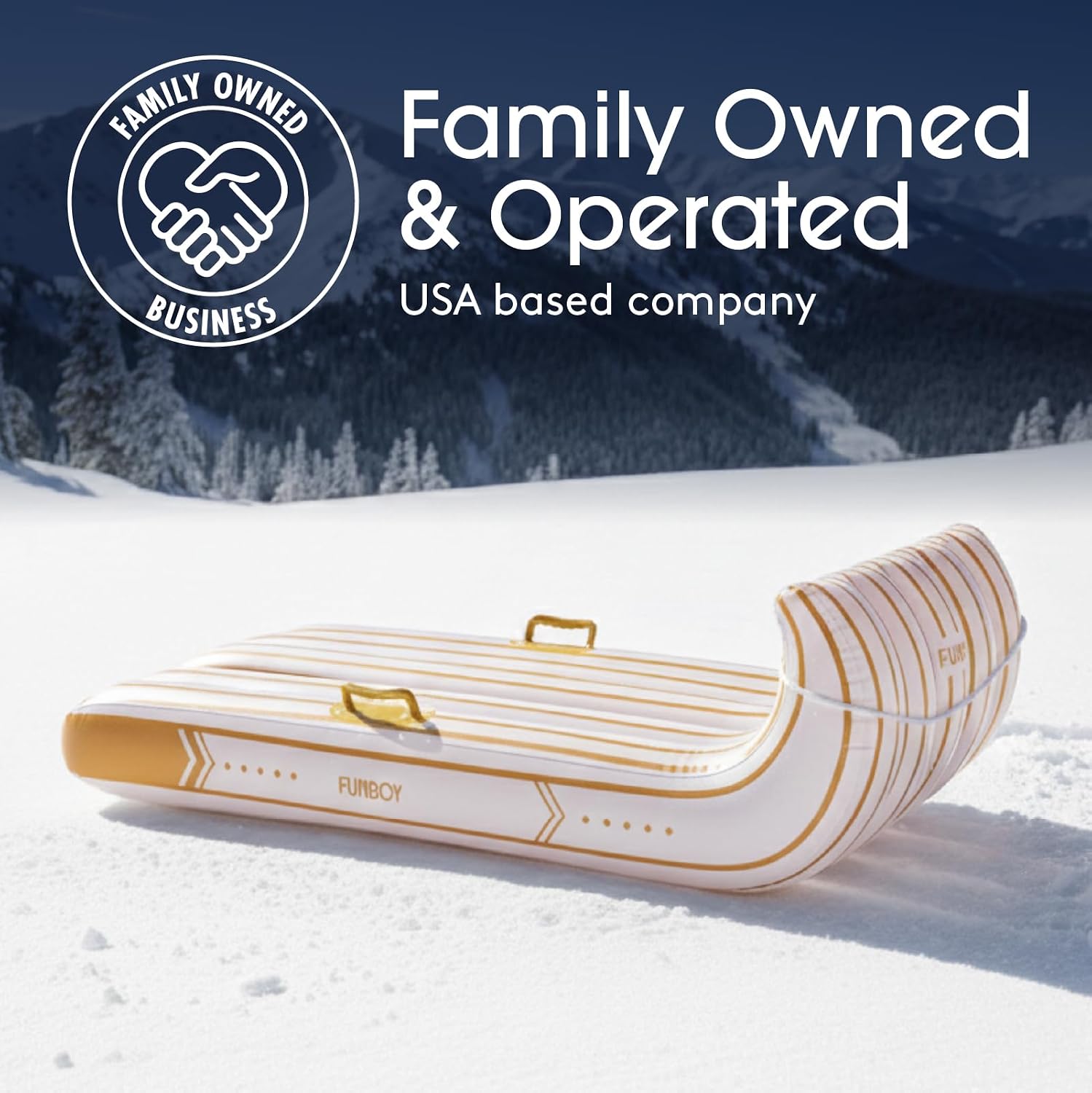 Gold & White Stripe Toboggan Inflatable Snow Sled | Luxury, Retro Holiday Stripe Design, Heavy-Duty, Perfect for Snow