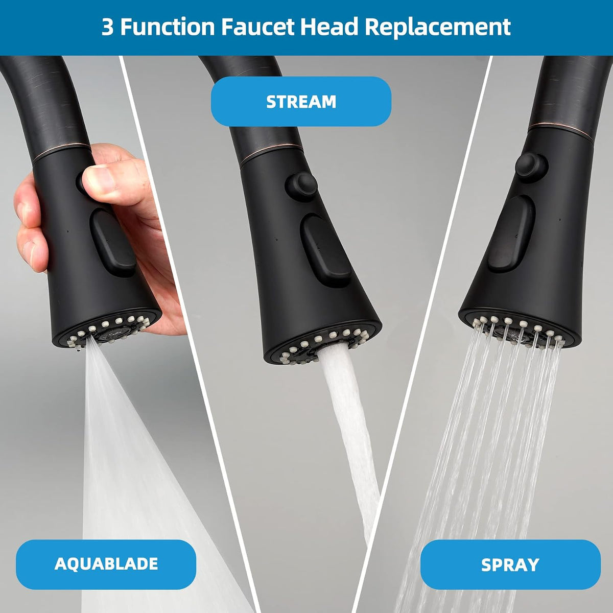 Universal Kitchen Faucet Head Replacement, 3 Modes, 15 Adapter Kit, Black