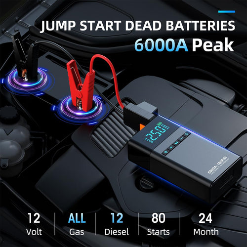 10-in-1 Portable Car Battery Jump Starter with Air Compressor, 6000A 160PSI Portable Car Jumper Starter (All Gas 12L