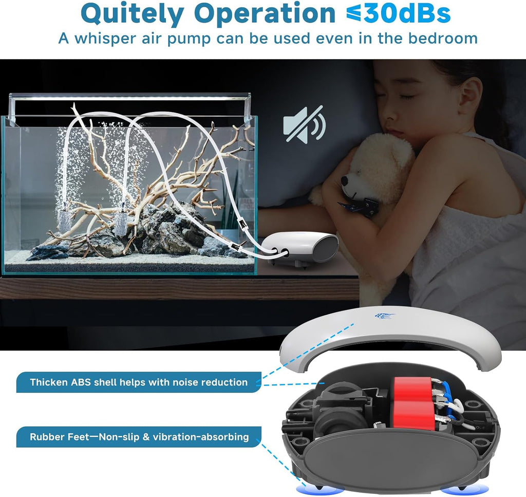 Aquarium Air Pump Quiet Fish Tank Aerator Pump Fish Oxygen Pump with Air Tubes Air Stones & Check Valve (3W for Up to
