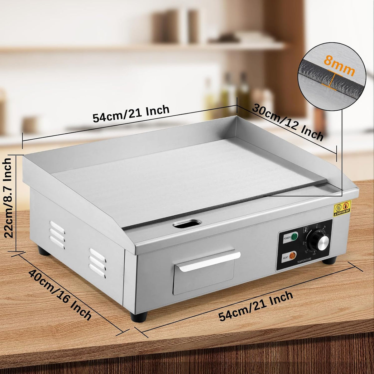 21 Inch Commercial Electric Griddle - 1600W Stainless Steel Flat Top Teppanyaki Grill - Non-Stick, Adjustable Temp