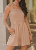 Women's Summer Smocked Rompers Square Neck Loose Shorts Jumpsuits