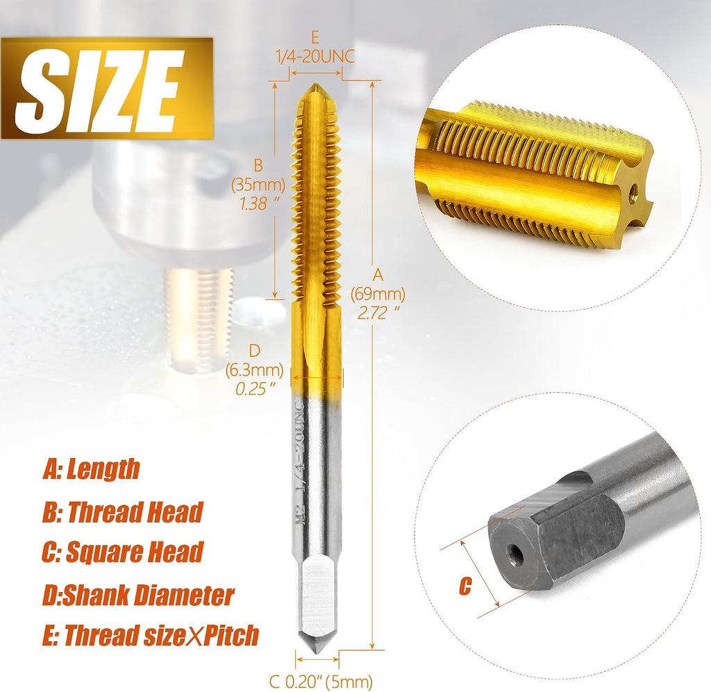 2Pcs 1/4"-20 UNC Thread Tap for Metal,1/4"-20 M2 HSS Thread Milling Tap