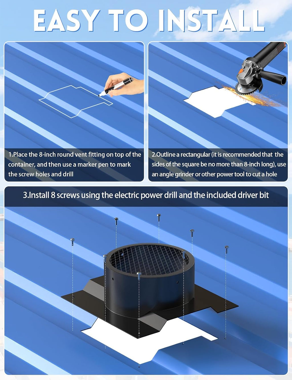 8" Roof Whirlybird Turbine Vent Adapter with Built-in Metal Mesh, Shipping Container Corrugated Roof Vent Adapter for