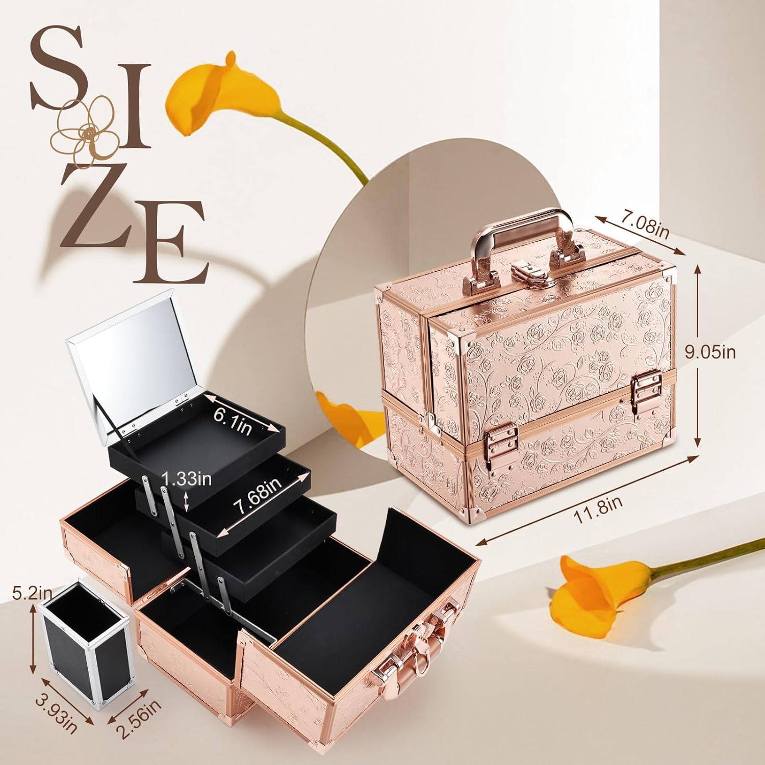 Makeup Case 11.8 Inch Makeup Organizer Case Large Cosmetic Box with Mirror Portable 3 Trays Travel Storage Box for