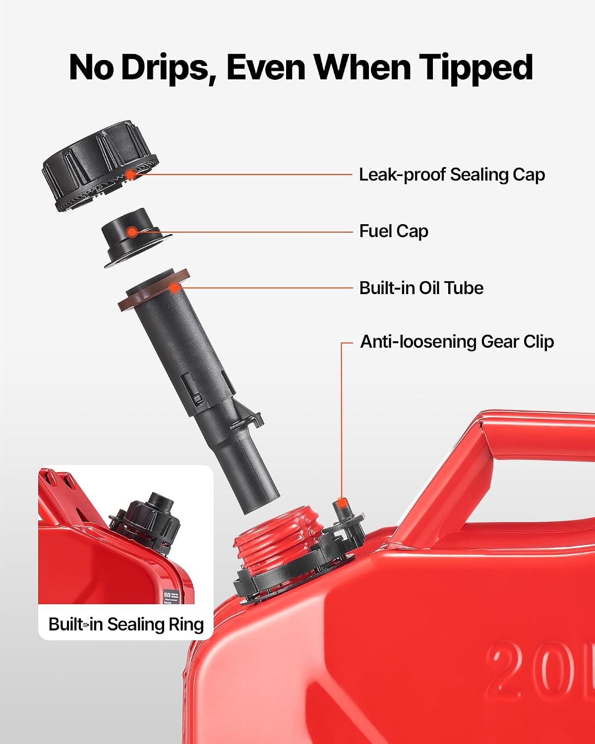 Metal Fuel Container, 5.3 Gallon, Fuel Jerry Can with Spout and Comfort Handle, 6 L/min Max Flow Rate, Leakproof &