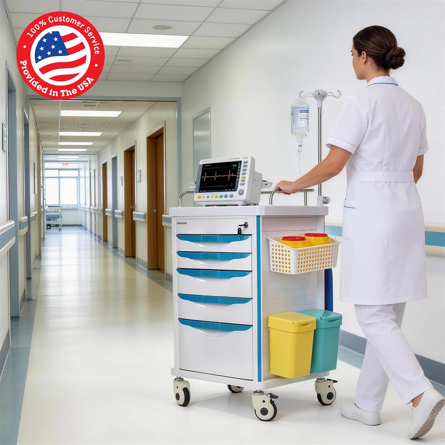 Medical Crash Cart with Emergency Accessory for Hospitals and Clinic | Rolling Emergency Cart with Cardiac Board, IV