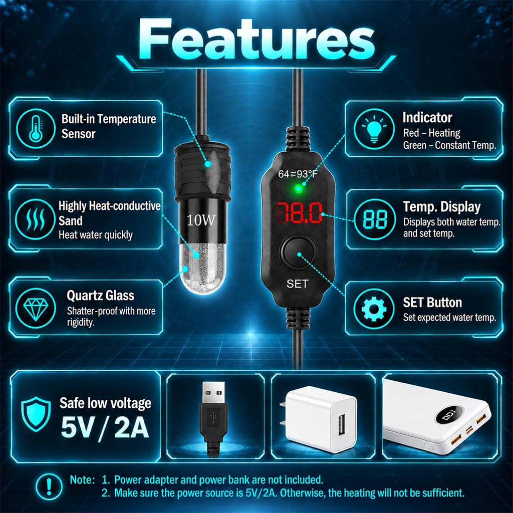 5V/2A USB 10W Super Mini Aquarium Betta Heater for Tanks up to 1 Gal