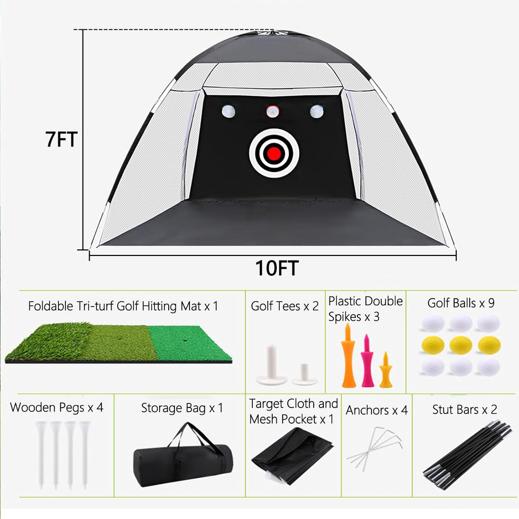Golf Net, 10x7ft Golf Practice Net with Foldable Tri-Turf Mat
