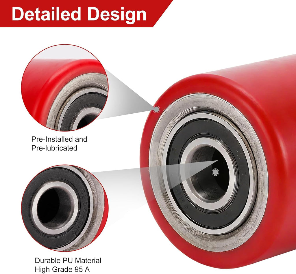 Two Packs of Pallet Jack/Truck Wheels 3” x 3.75” PU Poly Tread, 20mm ID Bearings, Full Set with Axles, Pins and Entry