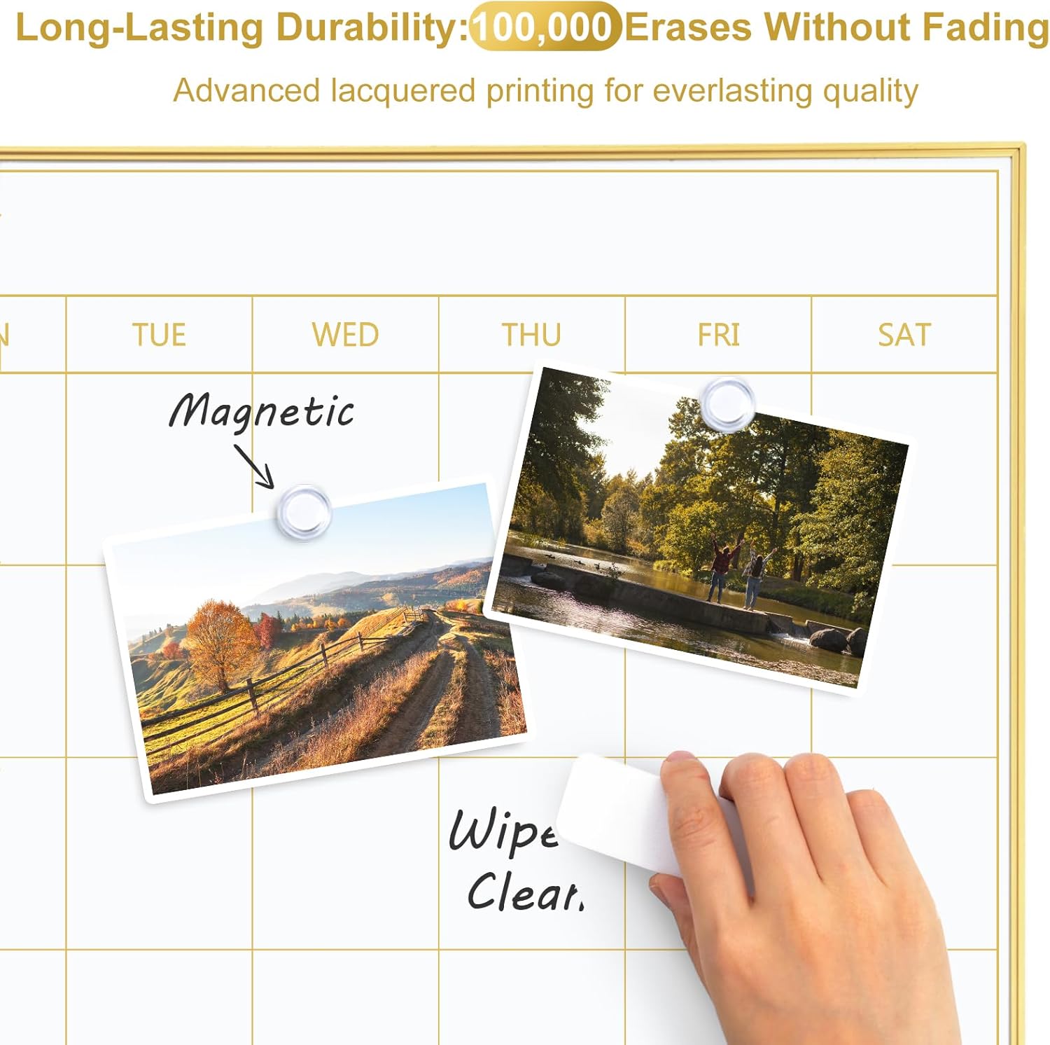 Dry Erase Calendar with Cork Board, 36"x24" Magnetic White Board Calendar Dry Erase for Wall, Gold Frame Combination