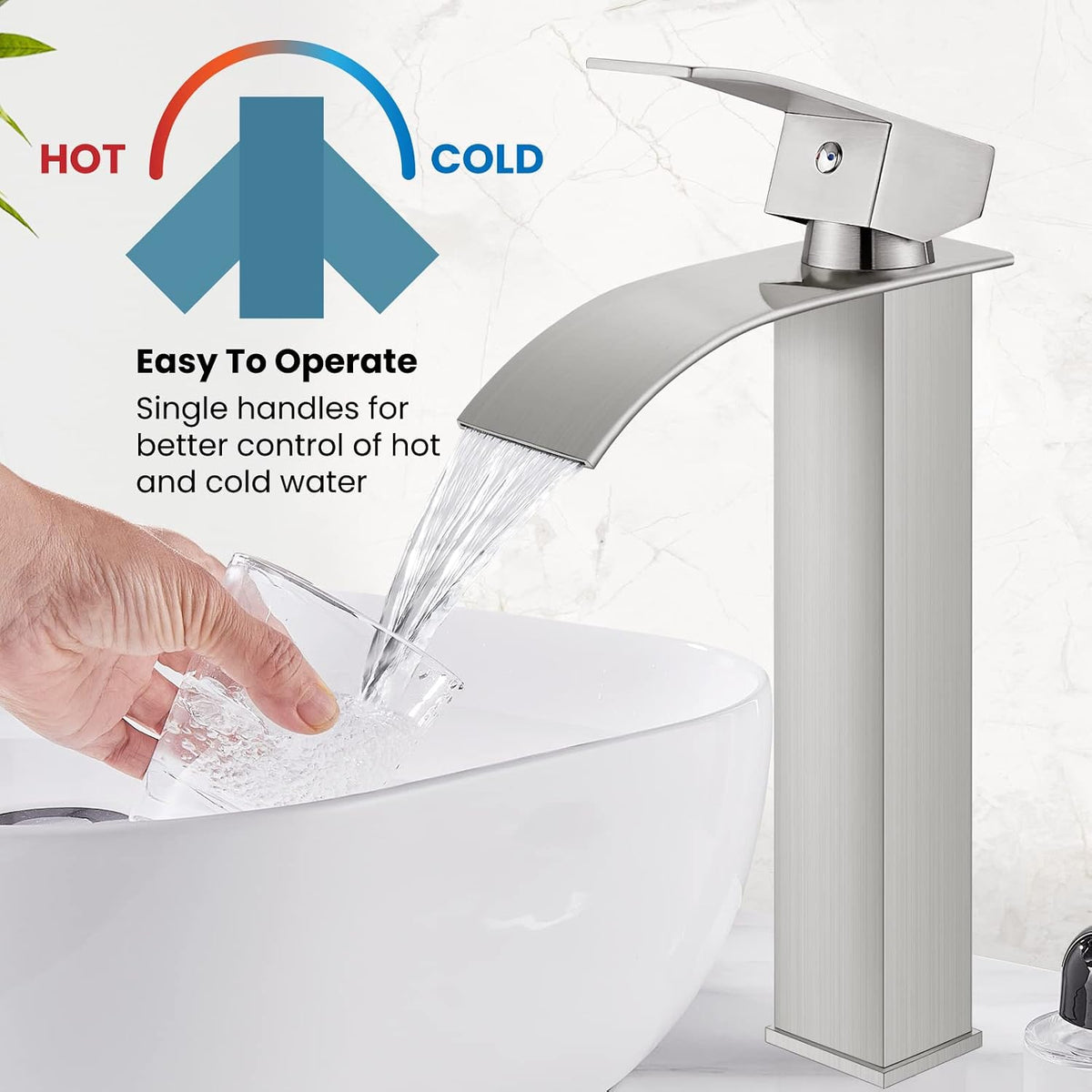 Modern Waterfall Tall Bathroom Faucet 1 Hole, Brushed Nickel